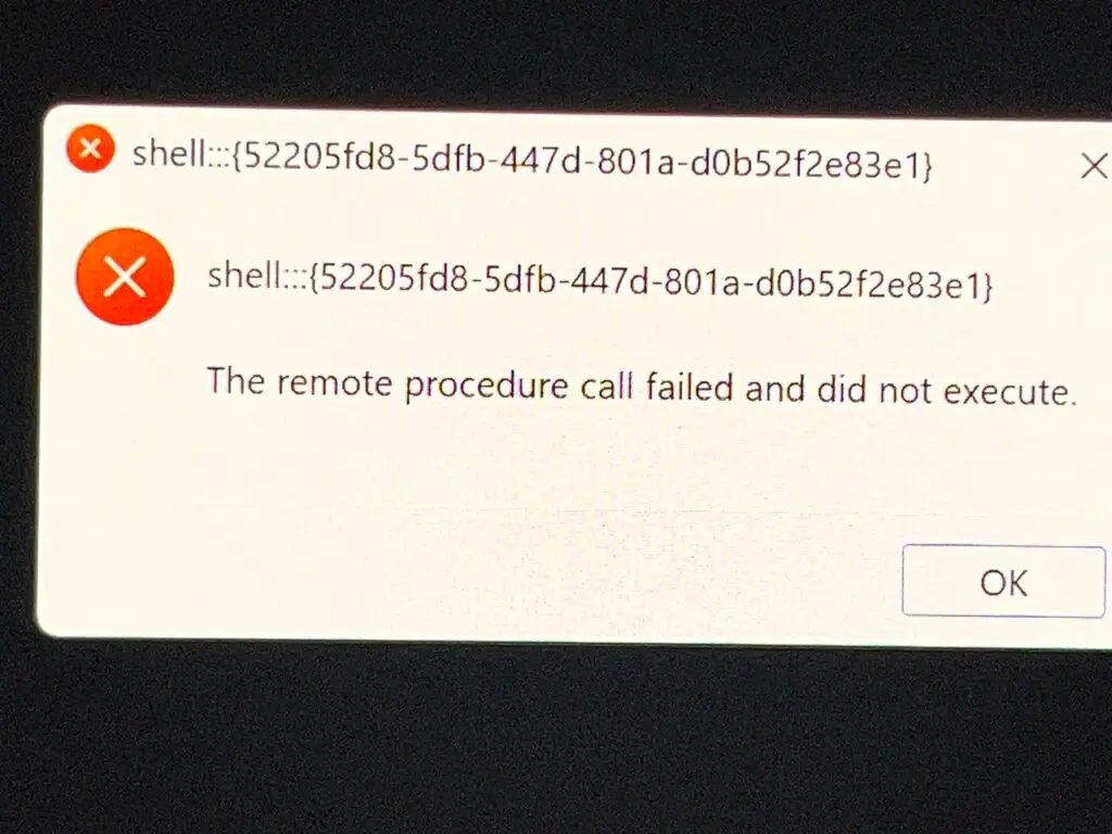 Photo of a Windows error dialog reading "The remote procedure call failed and did not execute"