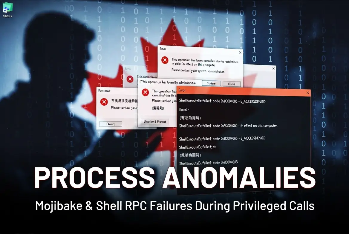 Graphic titled "Process Anomalies: Mojibake & Shell RPC Failures During Privileged Calls" with error dialogs