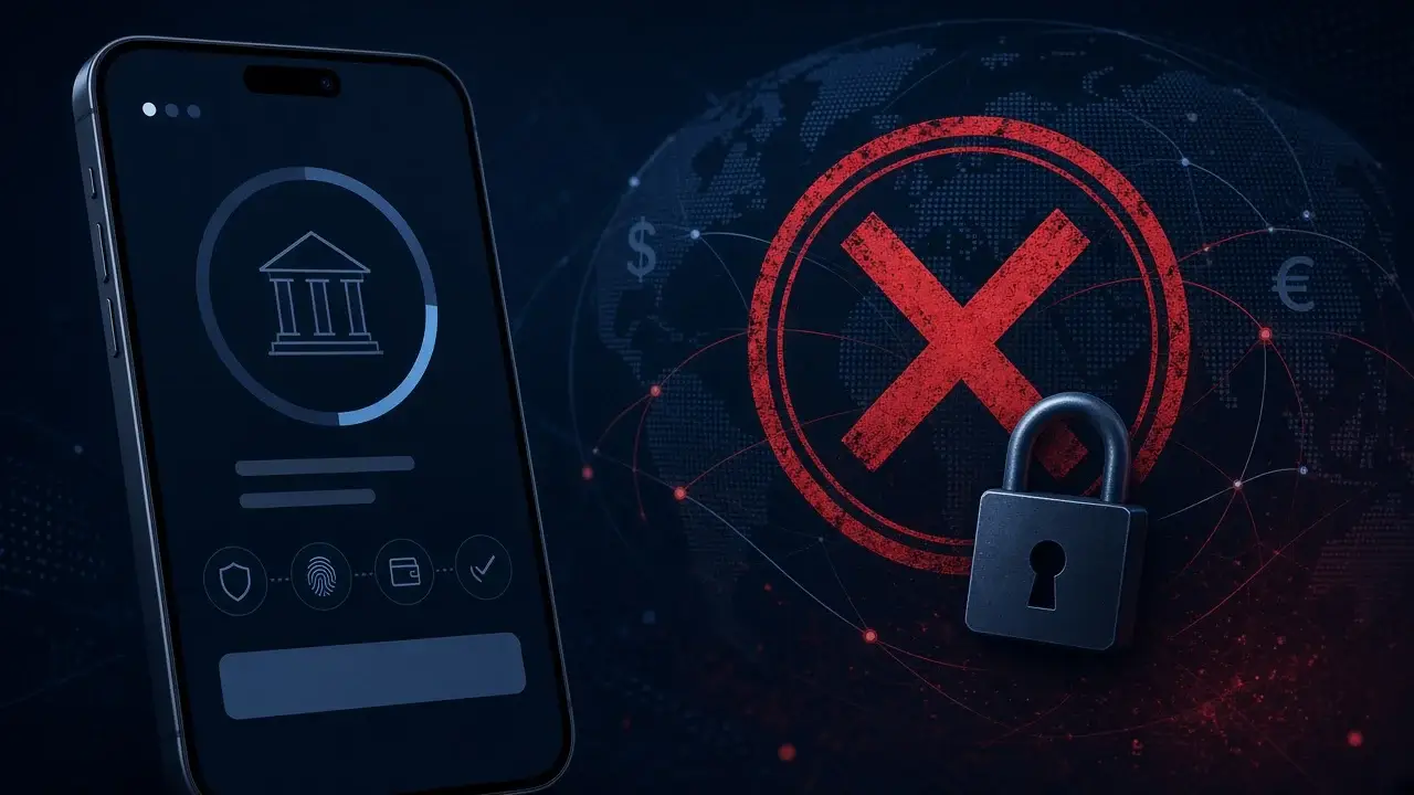 Abstract illustration of a refused digital bank onboarding: a red rejection mark and padlock over a global payments network