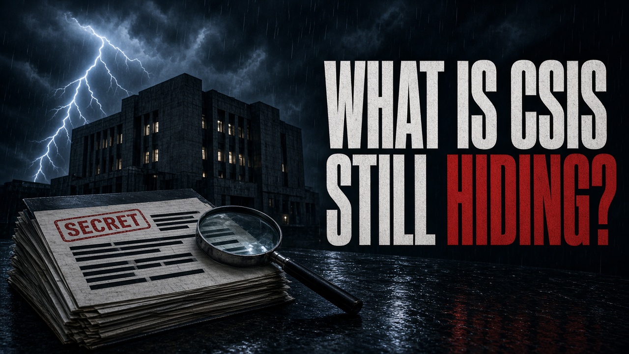 Storm and lightning over a dark intelligence headquarters, with redacted SECRET files and a magnifying glass, under the headline What Is CSIS Still Hiding?
